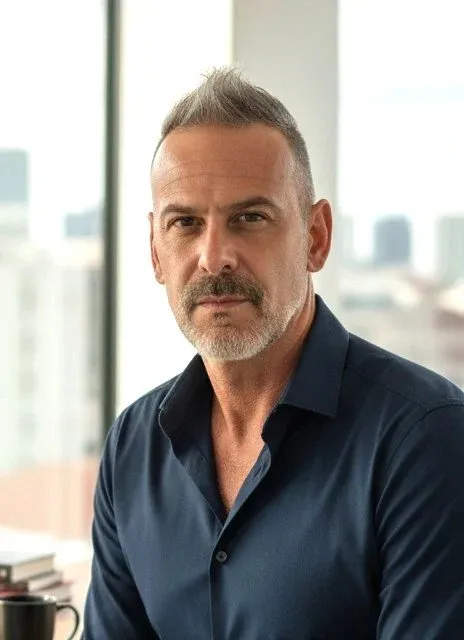 Portrait of Yotam Sandak in a navy shirt, by a window with a city skyline behind.